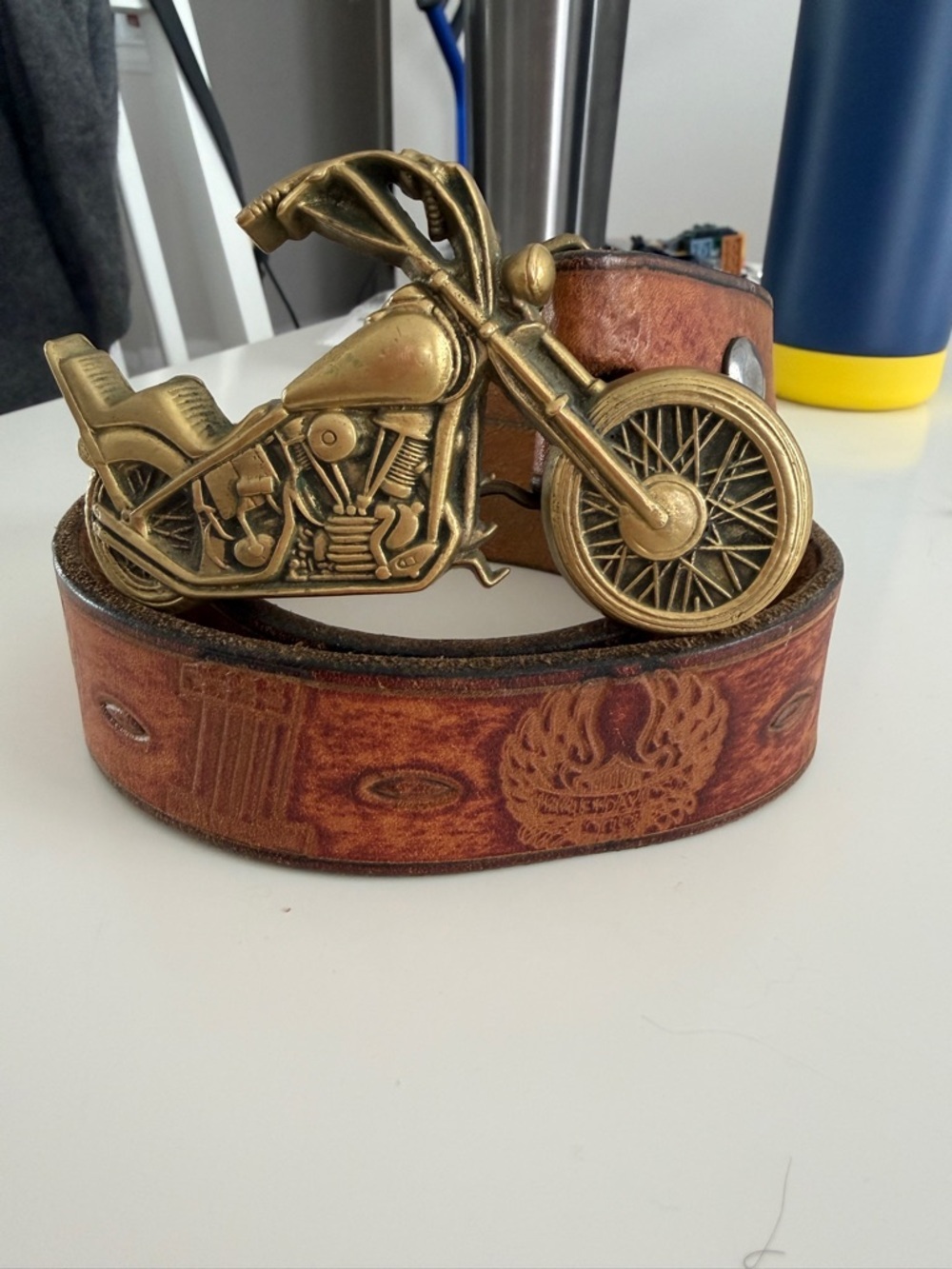 Harley Davidson Solid Brass Brown Leather Belt with Gold Motorcycle Buckle - Picture 4 of 10